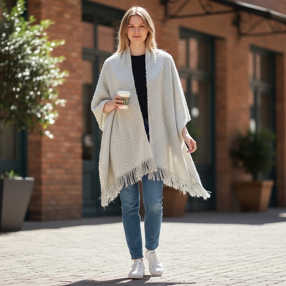 Isaac Mizrahi New York Gray Boucle Fringe Shawl Wrap